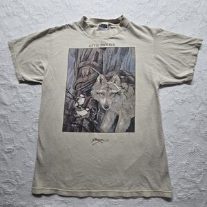 Tultex Jody Bergsma Wolf Graphic Shirt Medium 90s Vintage Forest Birds Alaska